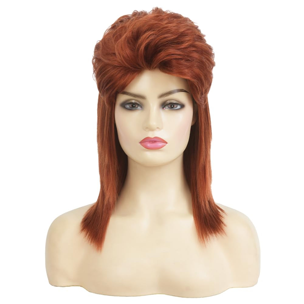 Swiking orange mullet wig side view highlights shaggy texture for 70s looks.