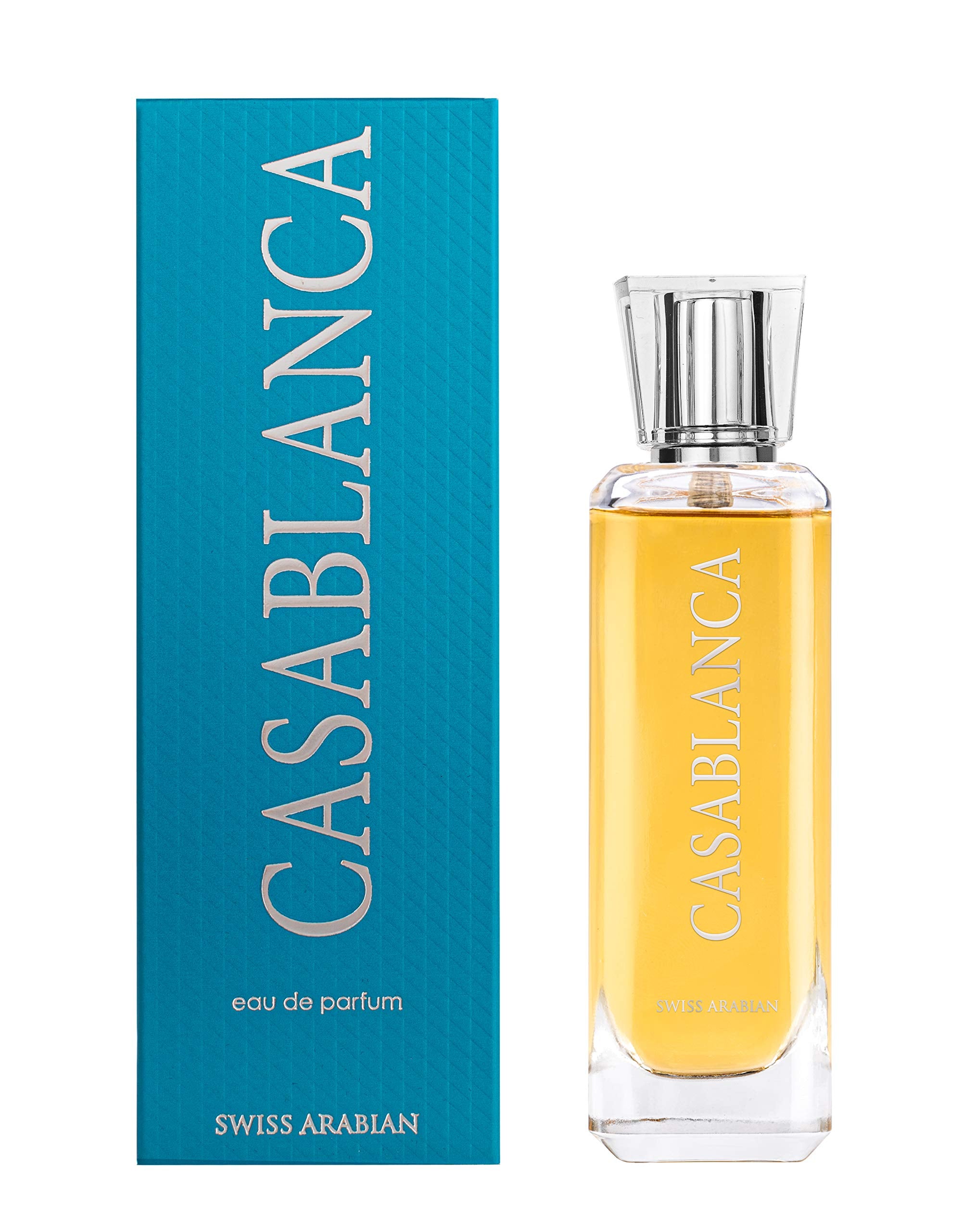 Swiss Arabian Casablanca bottle front view indicates long-lasting luxury.