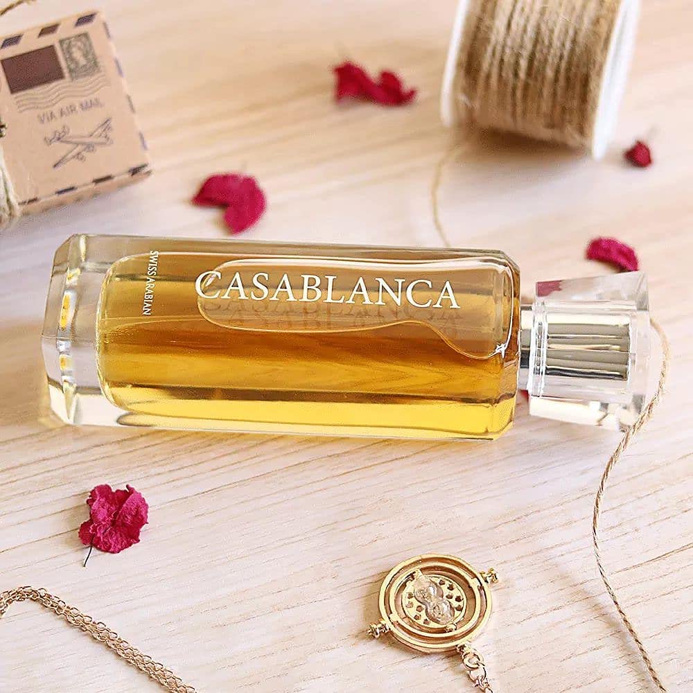 Swiss Arabian Casablanca bottle side view shows elegant silhouette for everyday wear.