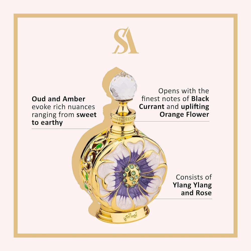 Swiss Arabian Layali bottle-side shot showcasing premium, alcohol-free fragrance on sensitive skin