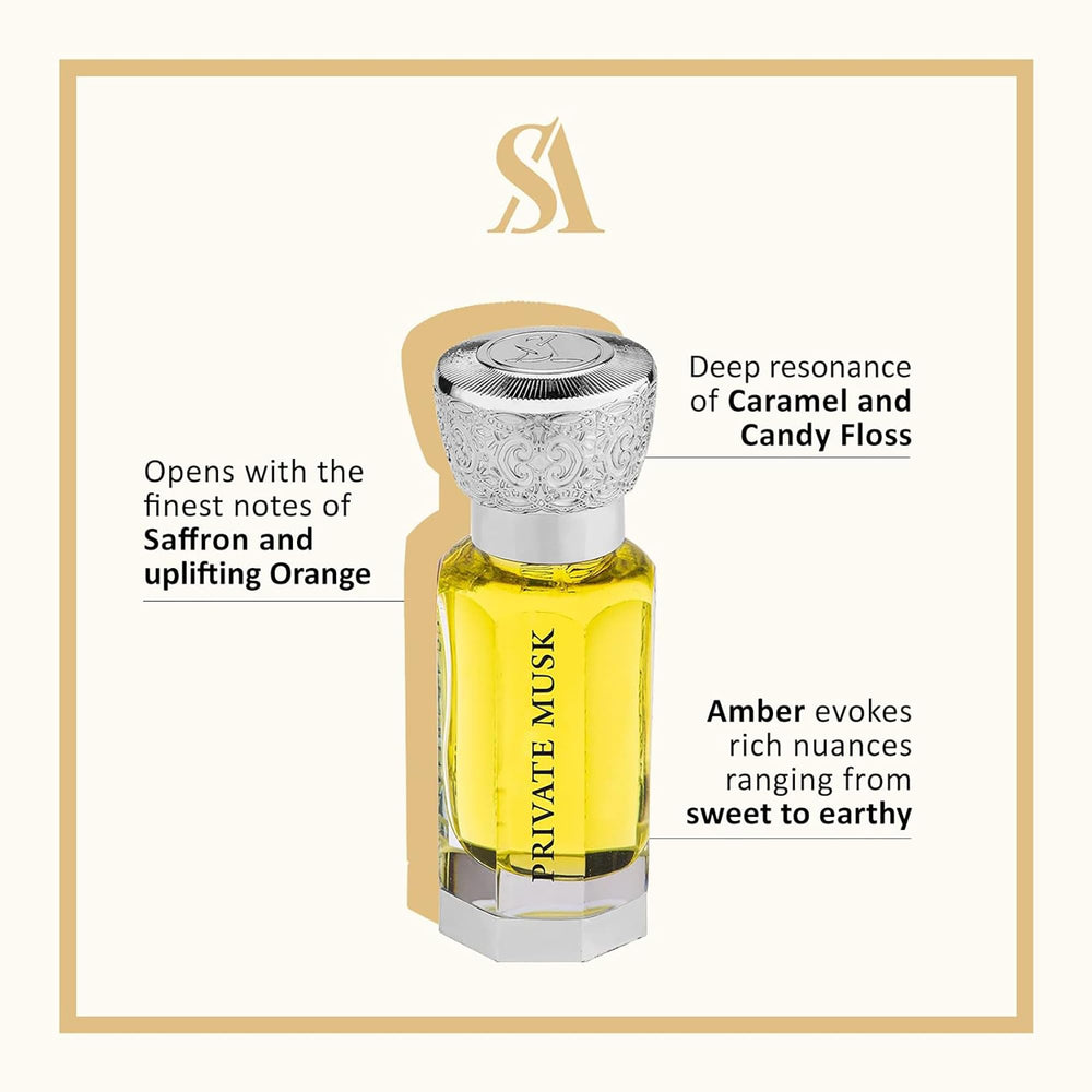 Swiss Arabian Private Musk saffron notes highlight a rich, exotic scent profile for evenings.