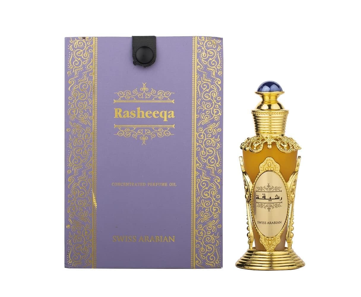 Swiss Arabian Rasheeqa alcohol-free formulation packaging highlights skin-friendly, hypoallergenic perfume oil.