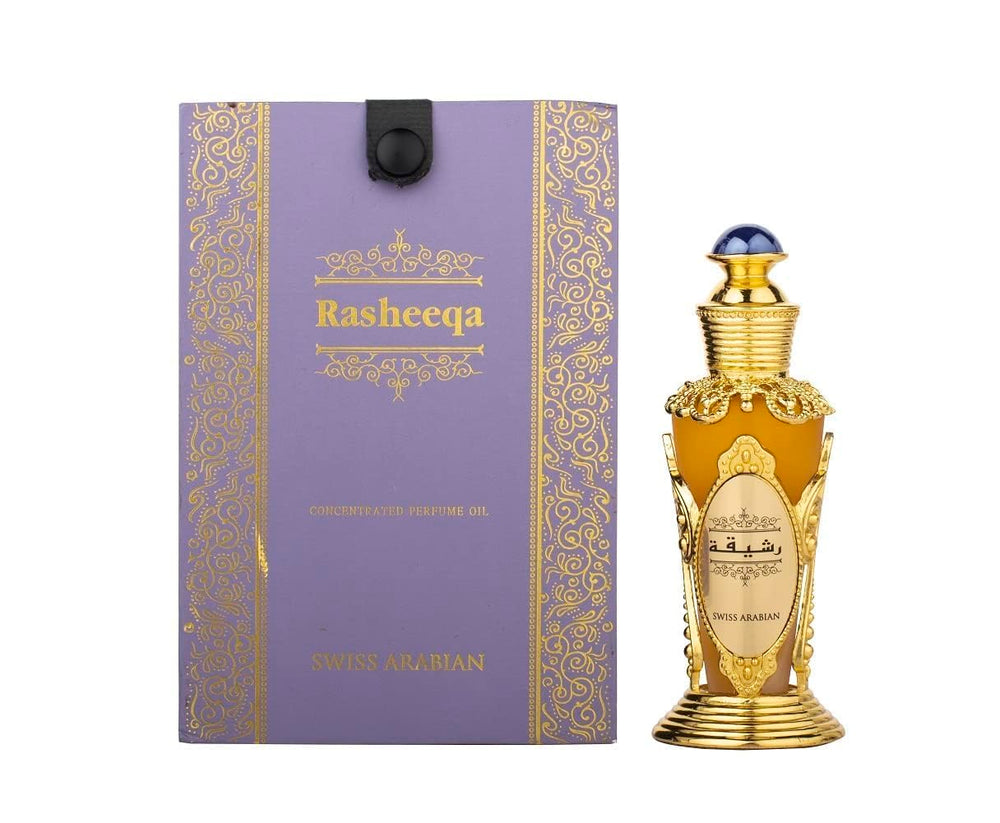 Swiss Arabian Rasheeqa alcohol-free formulation packaging highlights skin-friendly, hypoallergenic perfume oil.