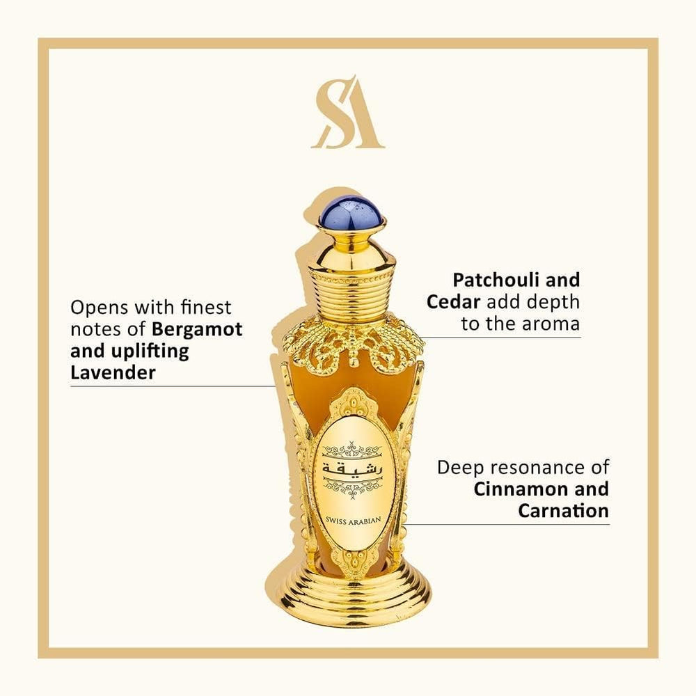 Swiss Arabian Rasheeqa bottle-closeup highlighting rose notes for refined evening elegance.