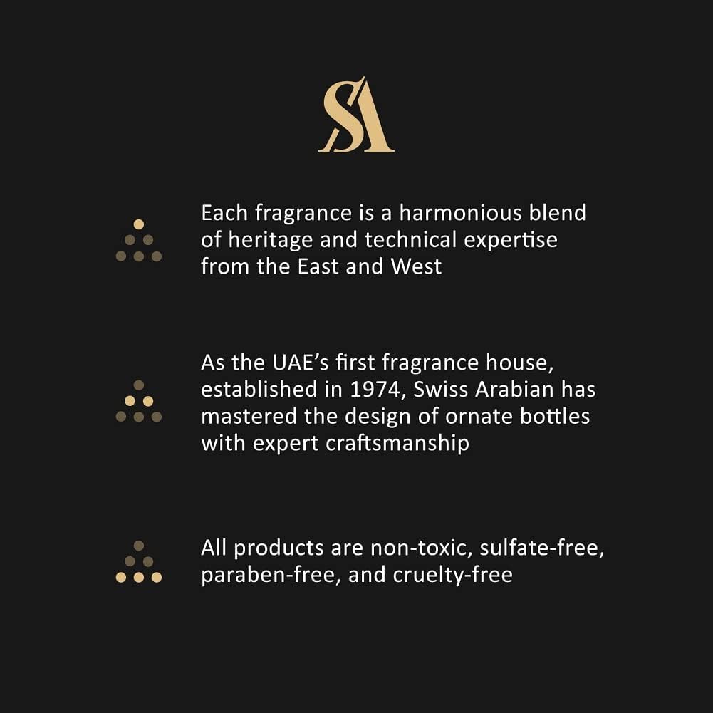 Swiss Arabian Rasheeqa musk and cedarwood layer suggests depth and refined evening presence.