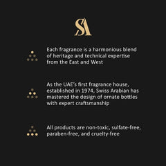Swiss Arabian Rasheeqa musk and cedarwood layer suggests depth and refined evening presence.