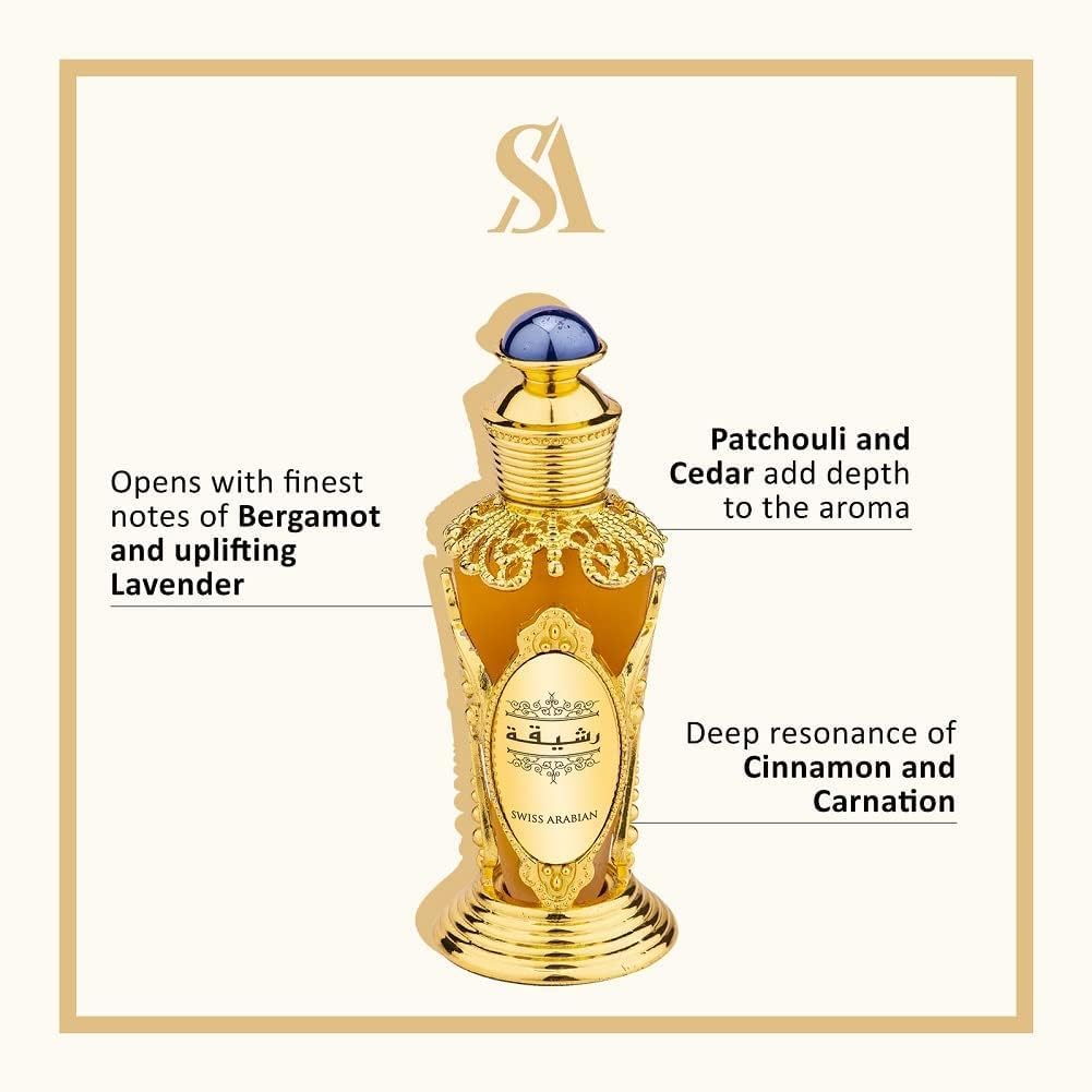 Swiss Arabian Rasheeqa rose and green notes close-up conveys vibrant heart for confident daytime wear.