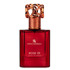 Swiss Arabian Rose 01 bottle closeup highlights premium packaging for long-lasting daily wear.