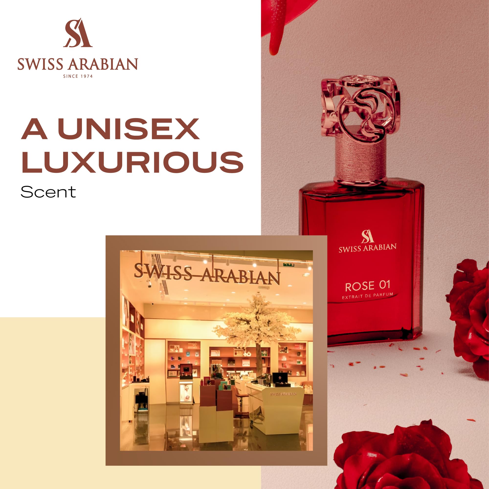 Swiss Arabian Rose 01 rose-front label emphasizes floral heart notes for feminine allure.