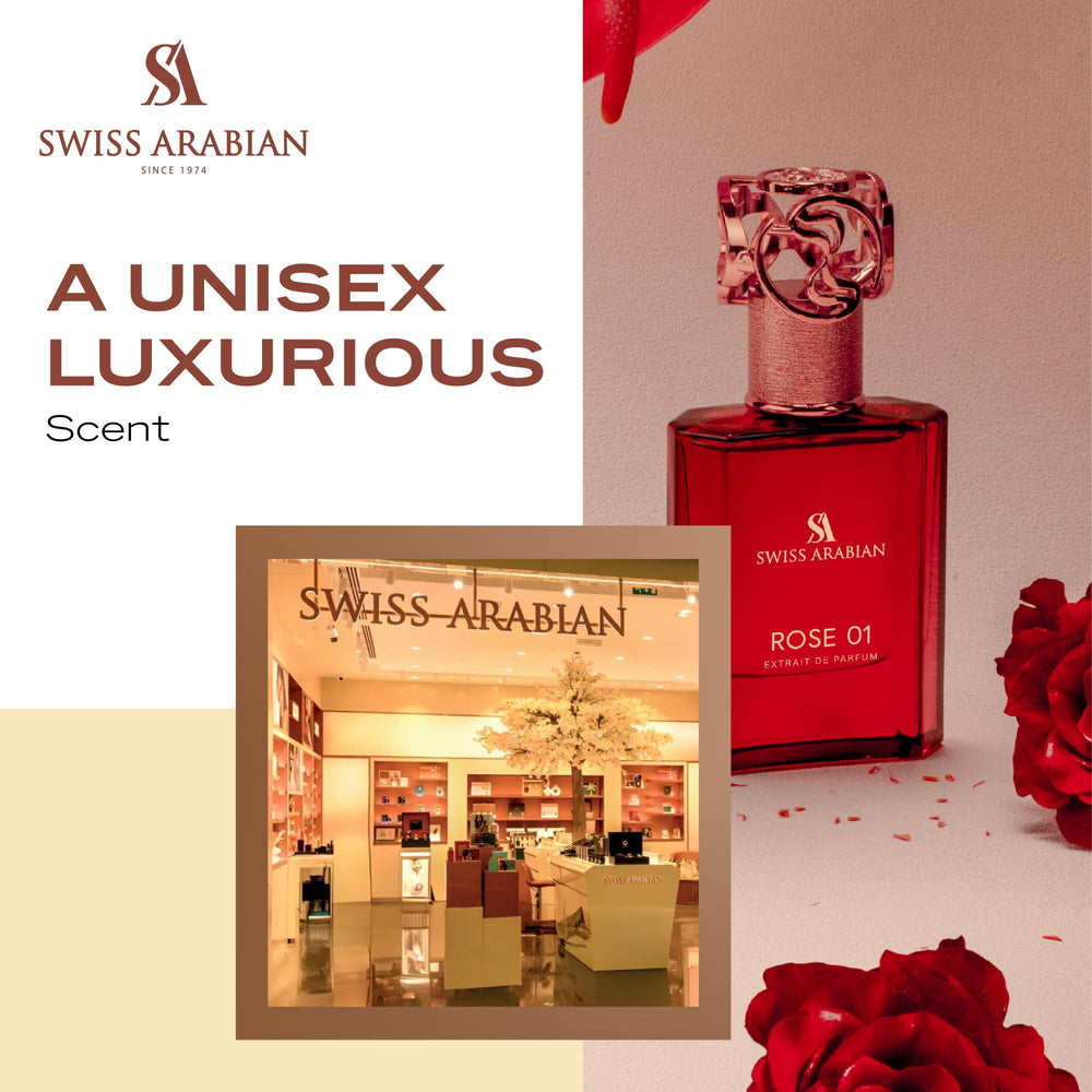 Swiss Arabian Rose 01 rose-front label emphasizes floral heart notes for feminine allure.