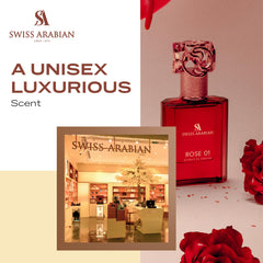 Swiss Arabian Rose 01 rose-front label emphasizes floral heart notes for feminine allure.