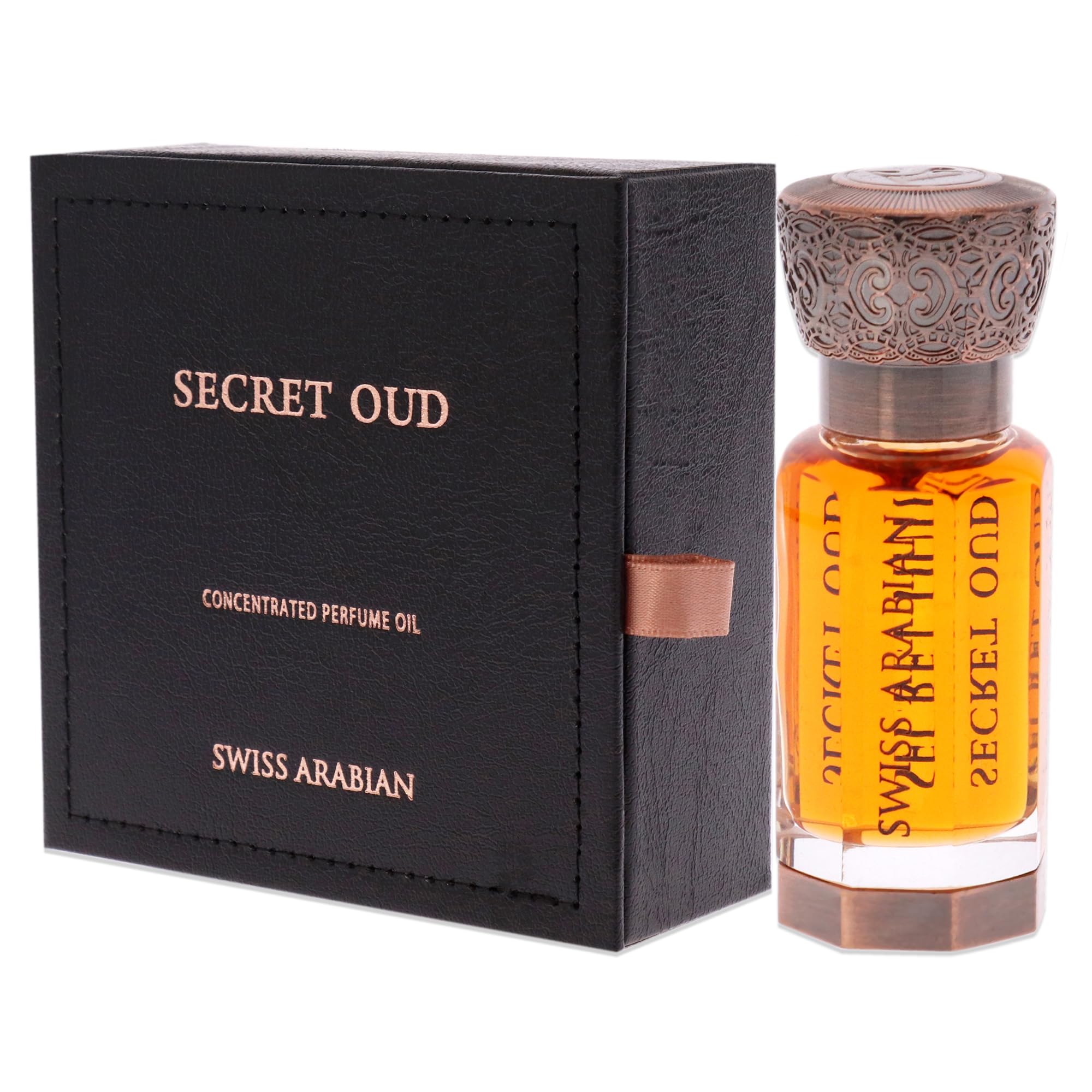 Swiss Arabian Secret Oud-alcohol-free bottle emphasizes skin-friendly formula.