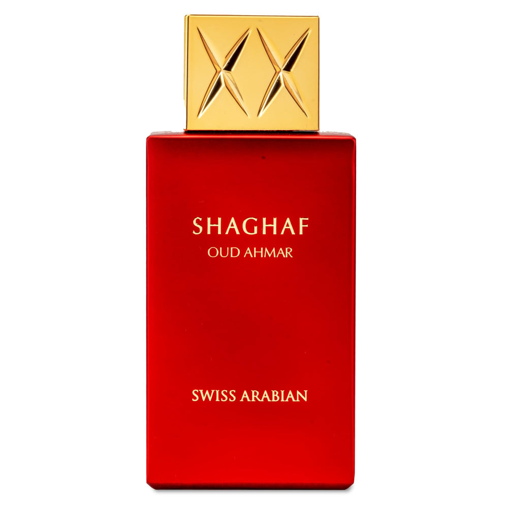 Swiss Arabian Shaghaf Oud Ahmar bottle closeup highlighting amber notes for evening wear