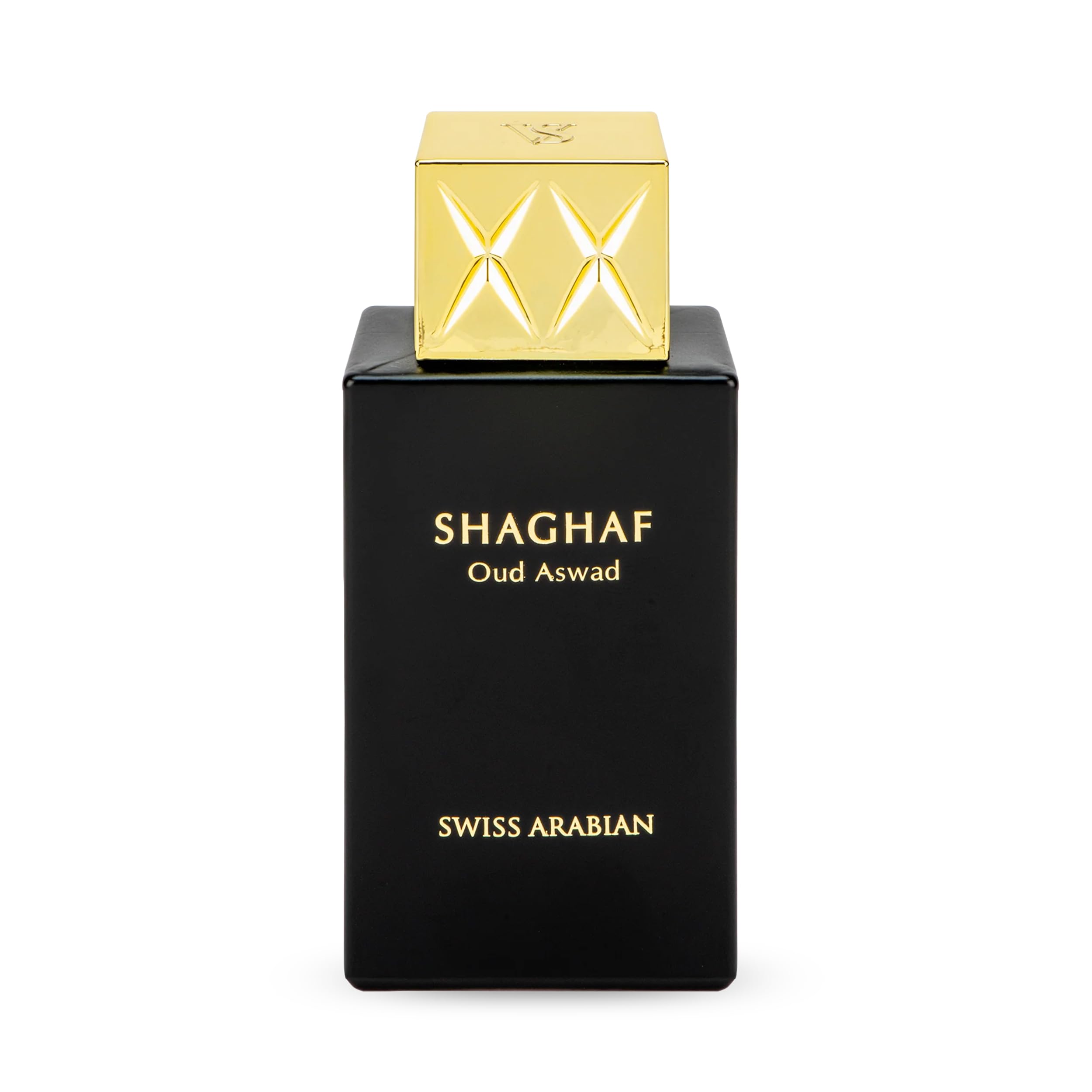 Swiss Arabian Shaghaf Oud Aswad bottle close-up showcases rich oud for evening elegance