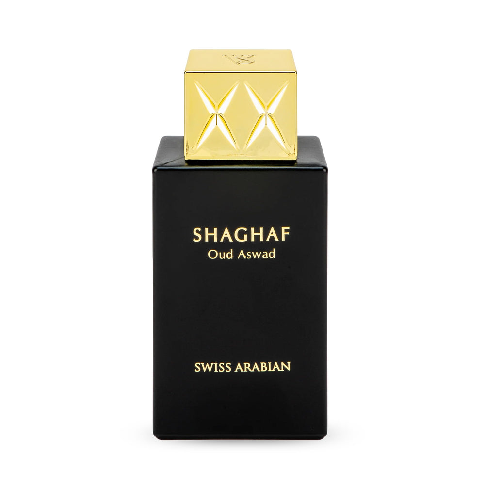 Swiss Arabian Shaghaf Oud Aswad bottle close-up showcases rich oud for evening elegance