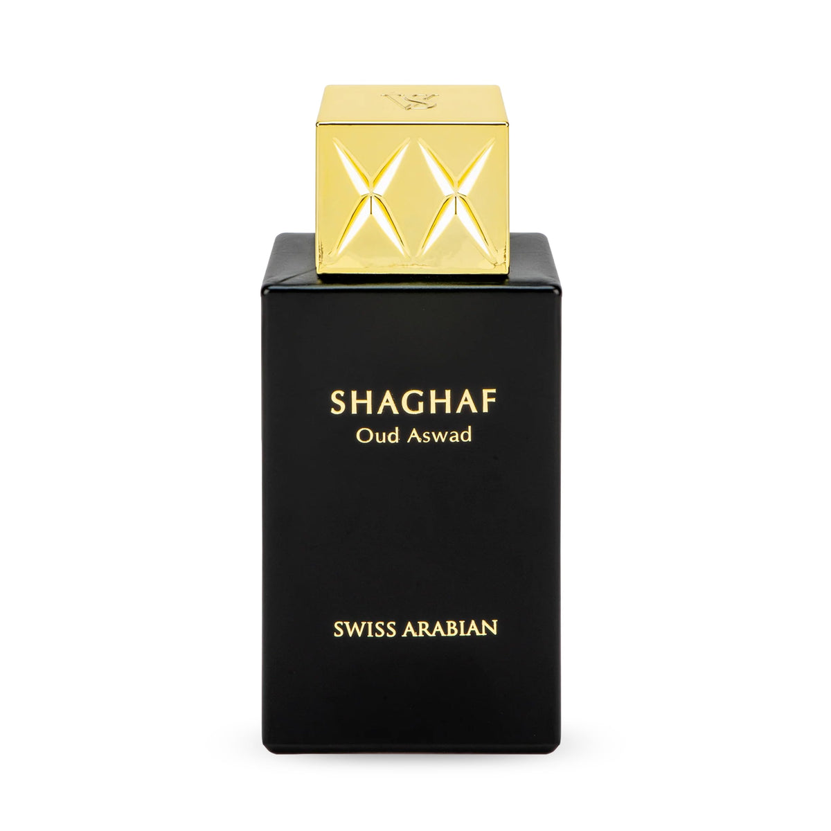 Swiss Arabian Shaghaf Oud Aswad bottle close-up showcases rich oud for evening elegance