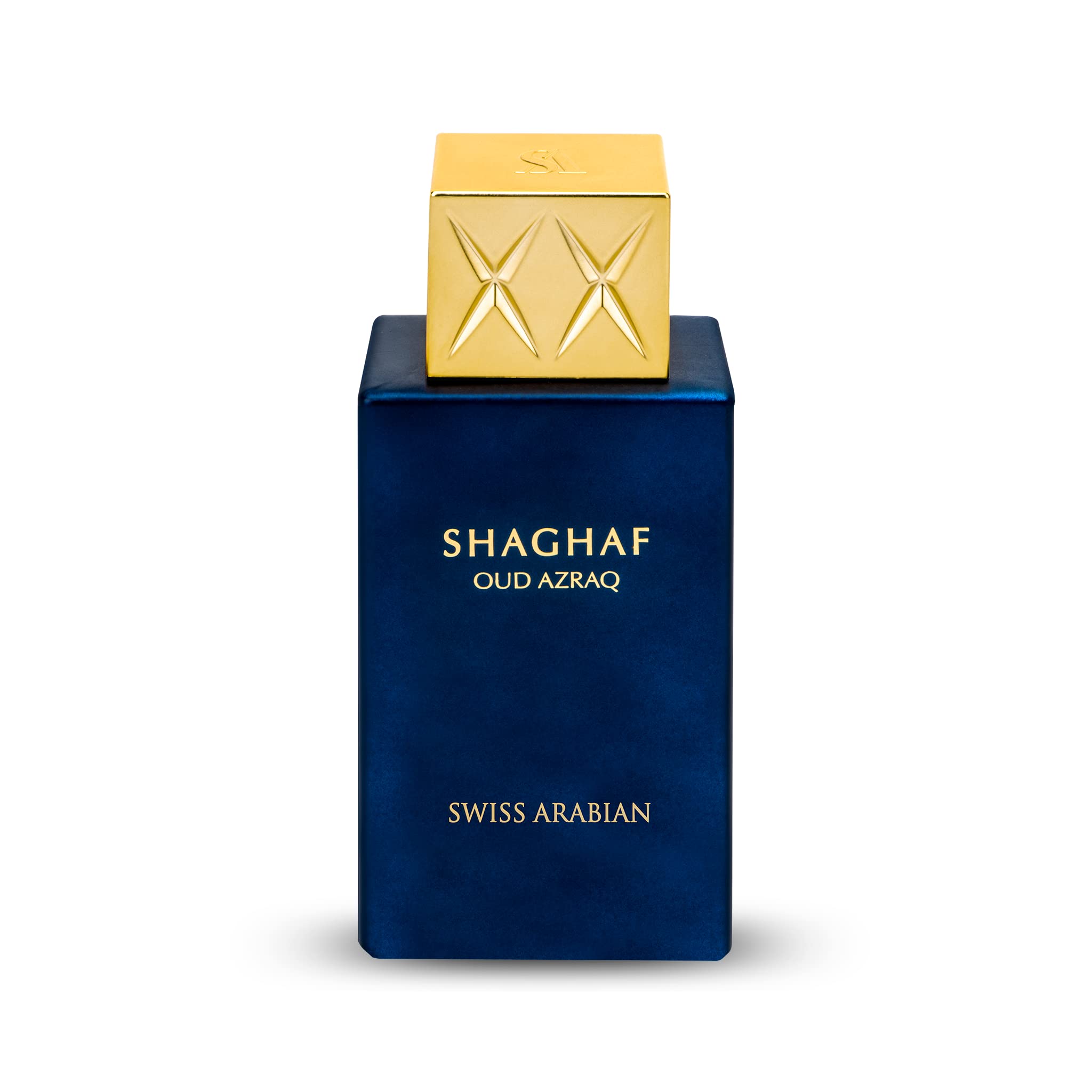 Swiss Arabian Shaghaf Oud Azraq bottle close-up, highlighting premium amber-oud notes for evening wear.