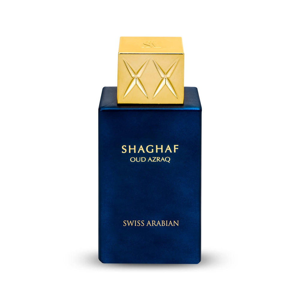 Swiss Arabian Shaghaf Oud Azraq bottle close-up, highlighting premium amber-oud notes for evening wear.