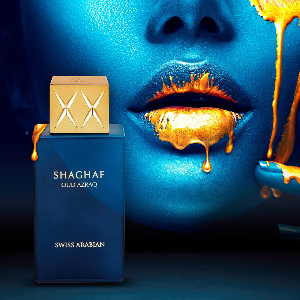 Swiss Arabian Shaghaf Oud Azraq leather-patchouli focus suggests luxurious signature framing.
