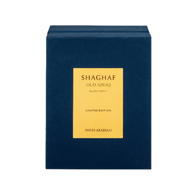 Swiss Arabian Shaghaf Oud Azraq luxury-display on shelf implies premium gifting appeal.