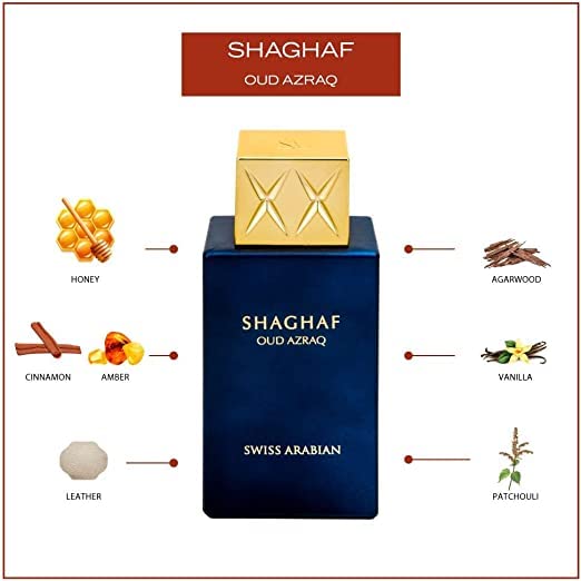 Swiss Arabian Shaghaf Oud Azraq side profile showcases luxurious bottle design and premium aura.