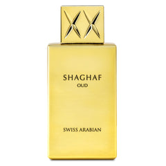 Swiss Arabian Shaghaf Oud bottle on display; long-lasting evening fragrance.