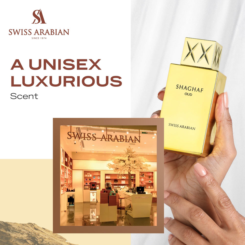 Swiss Arabian Shaghaf Oud rose note close-up; rich, romantic aroma.