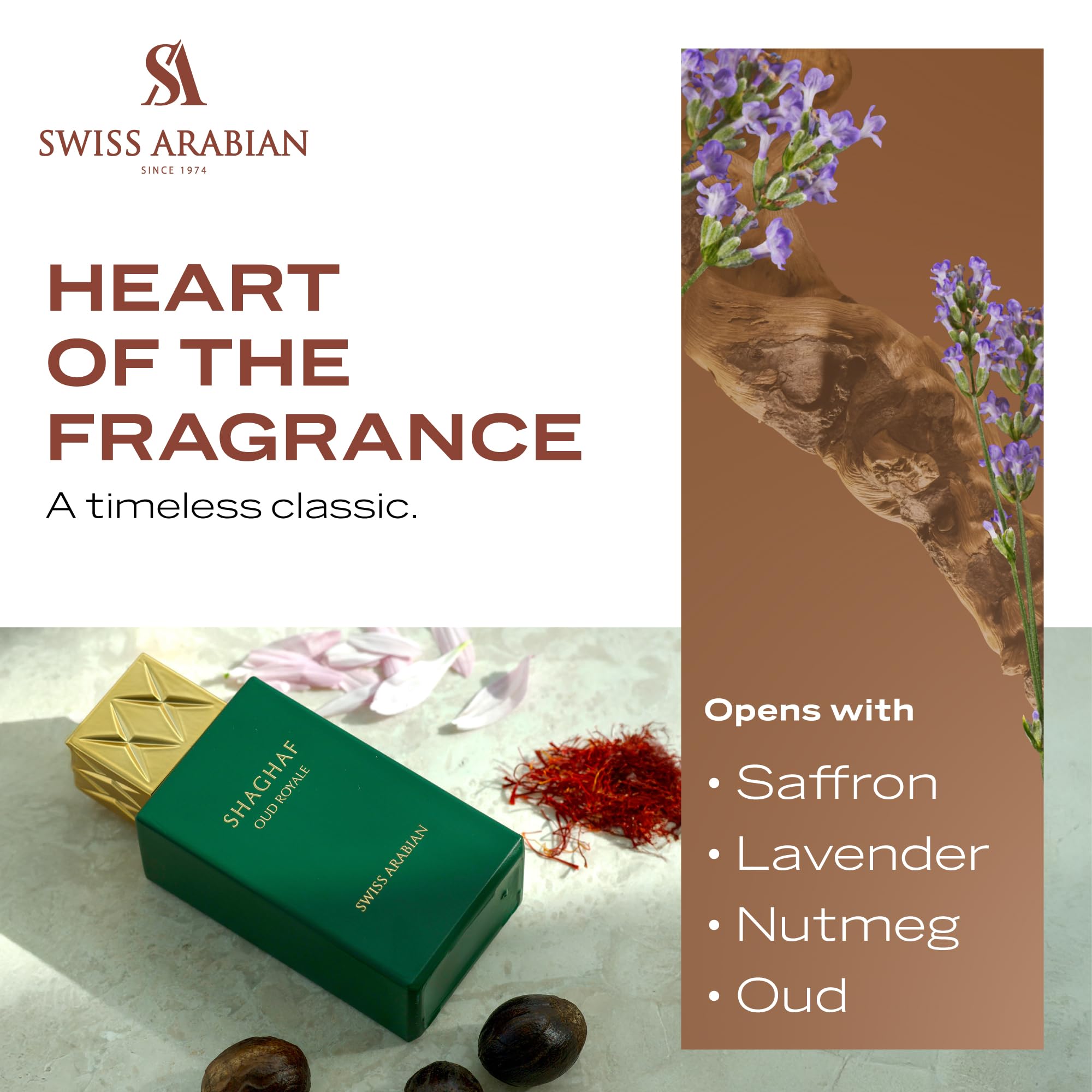 Swiss Arabian Shaghaf Oud Royale oud heart emphasizes depth and mystery for refined presence.