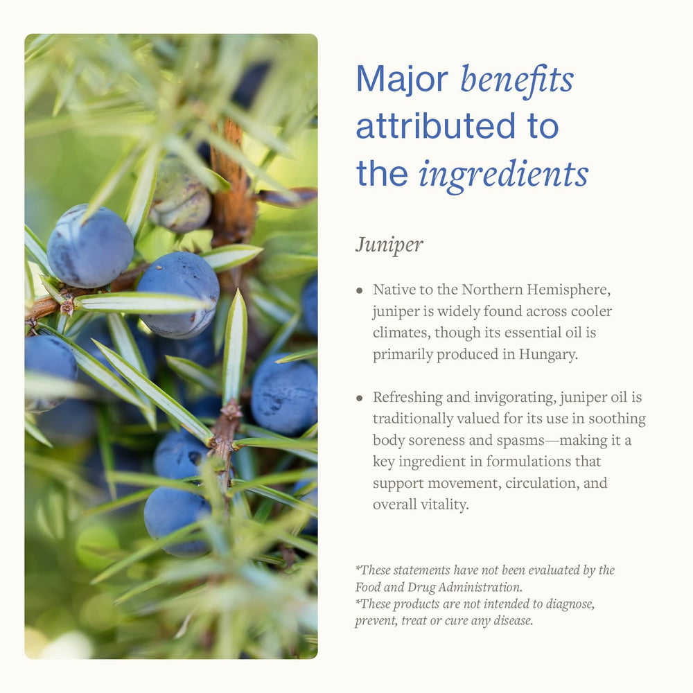 SwissJust Juniper Cream displaying plant oils for back and joint comfort.