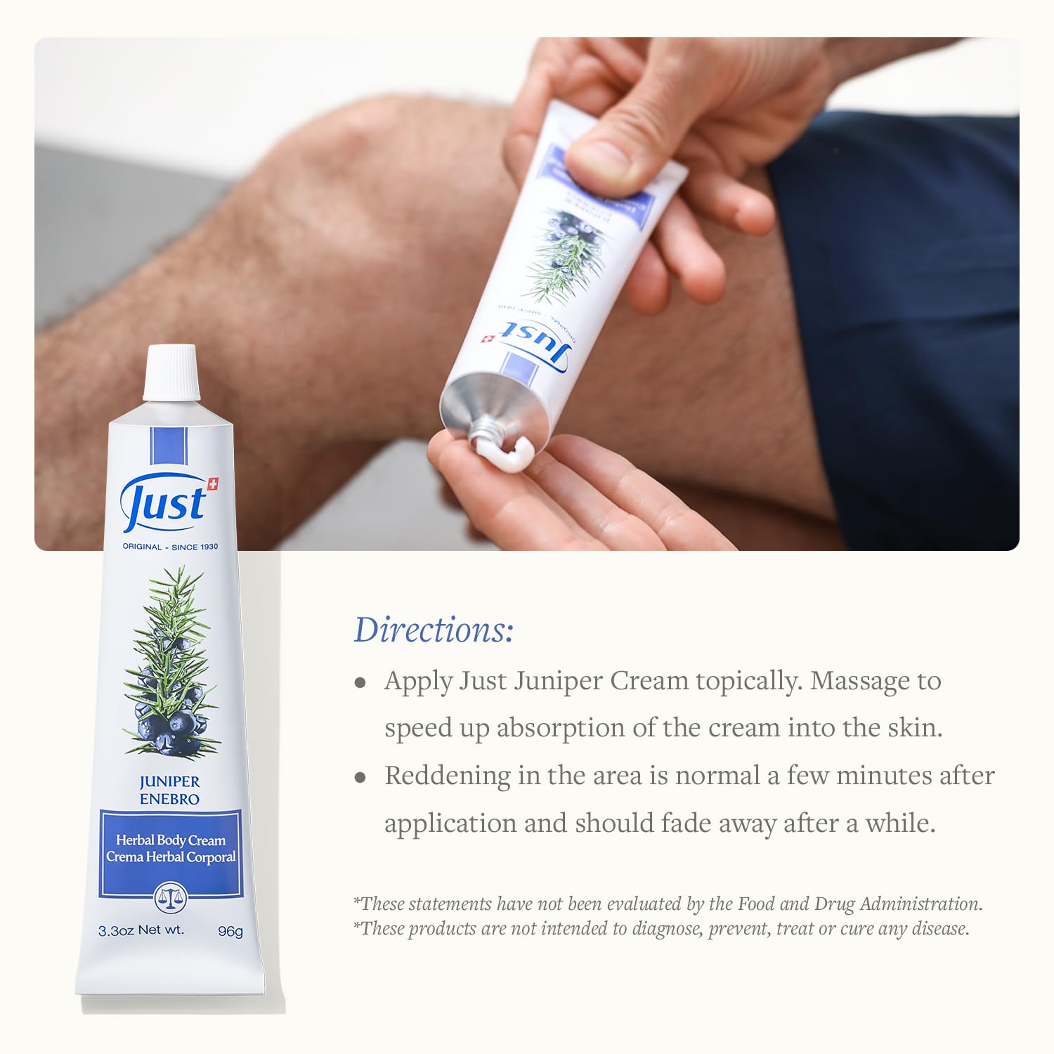 SwissJust Juniper Cream packaging with herbal ingredients like juniper and eucalyptus.