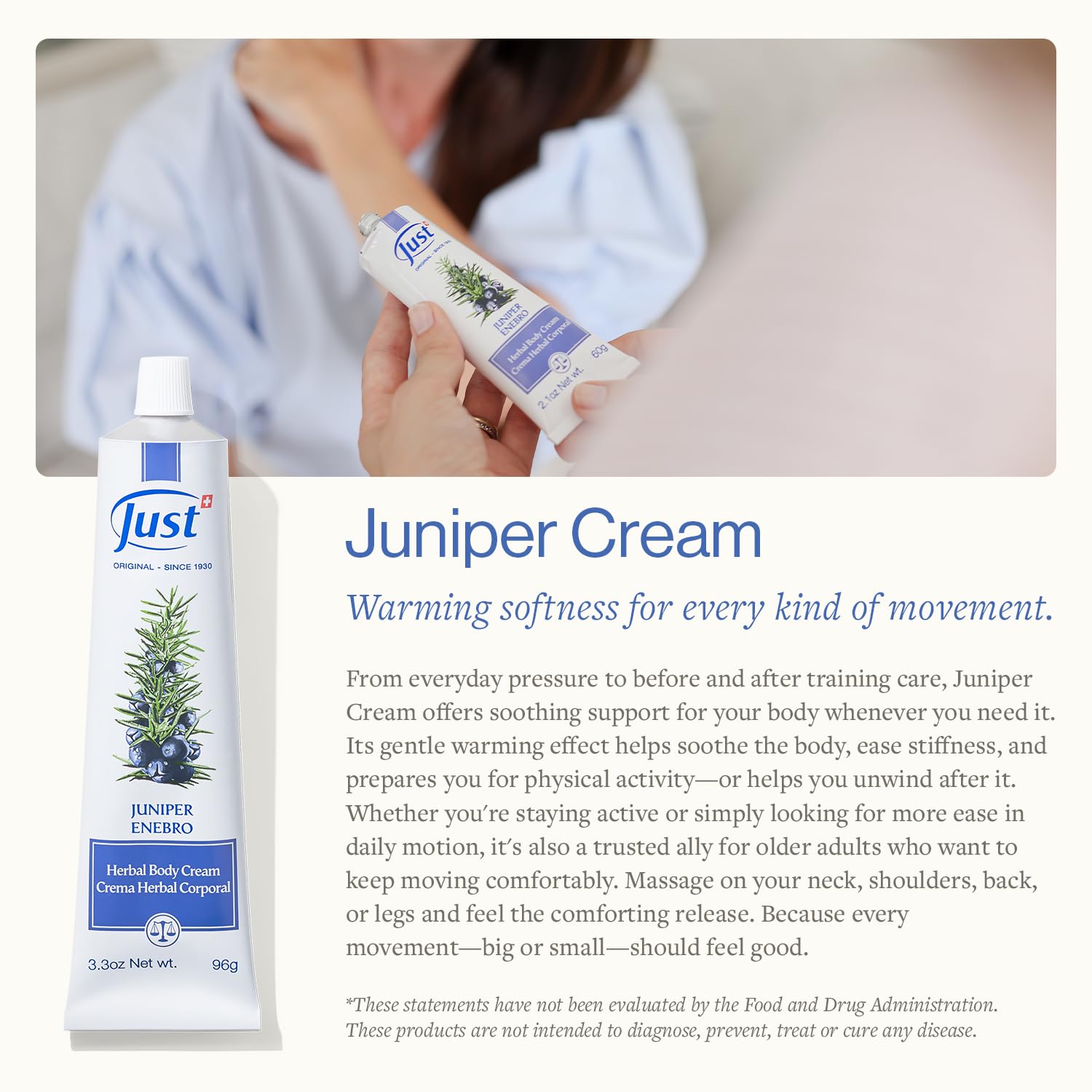 SwissJust Juniper Massage Cream being applied to skin to ease tension.