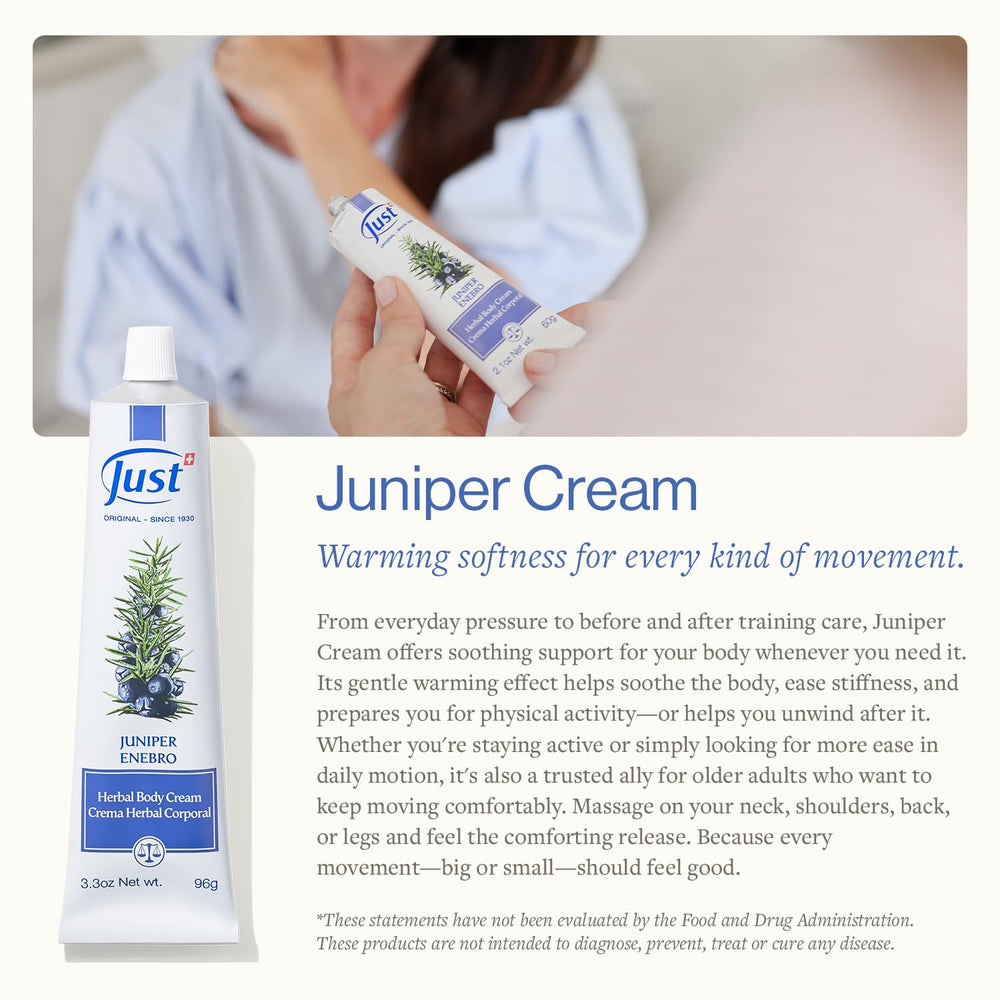 SwissJust Juniper Massage Cream being applied to skin to ease tension.