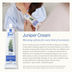 SwissJust Juniper Massage Cream being applied to skin to ease tension.