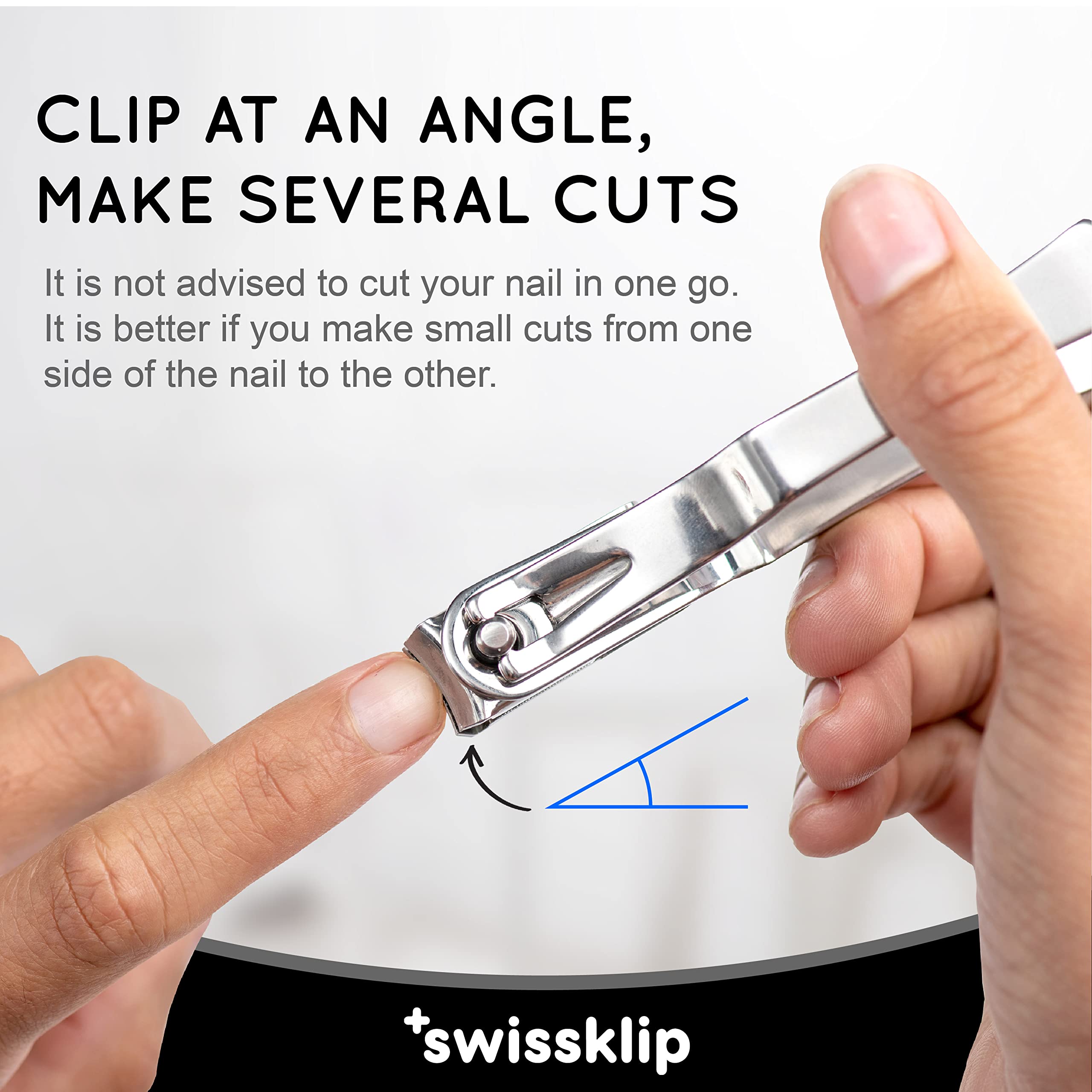 Swissker nail clippers with ergonomic grip for comfortable one-handed use.