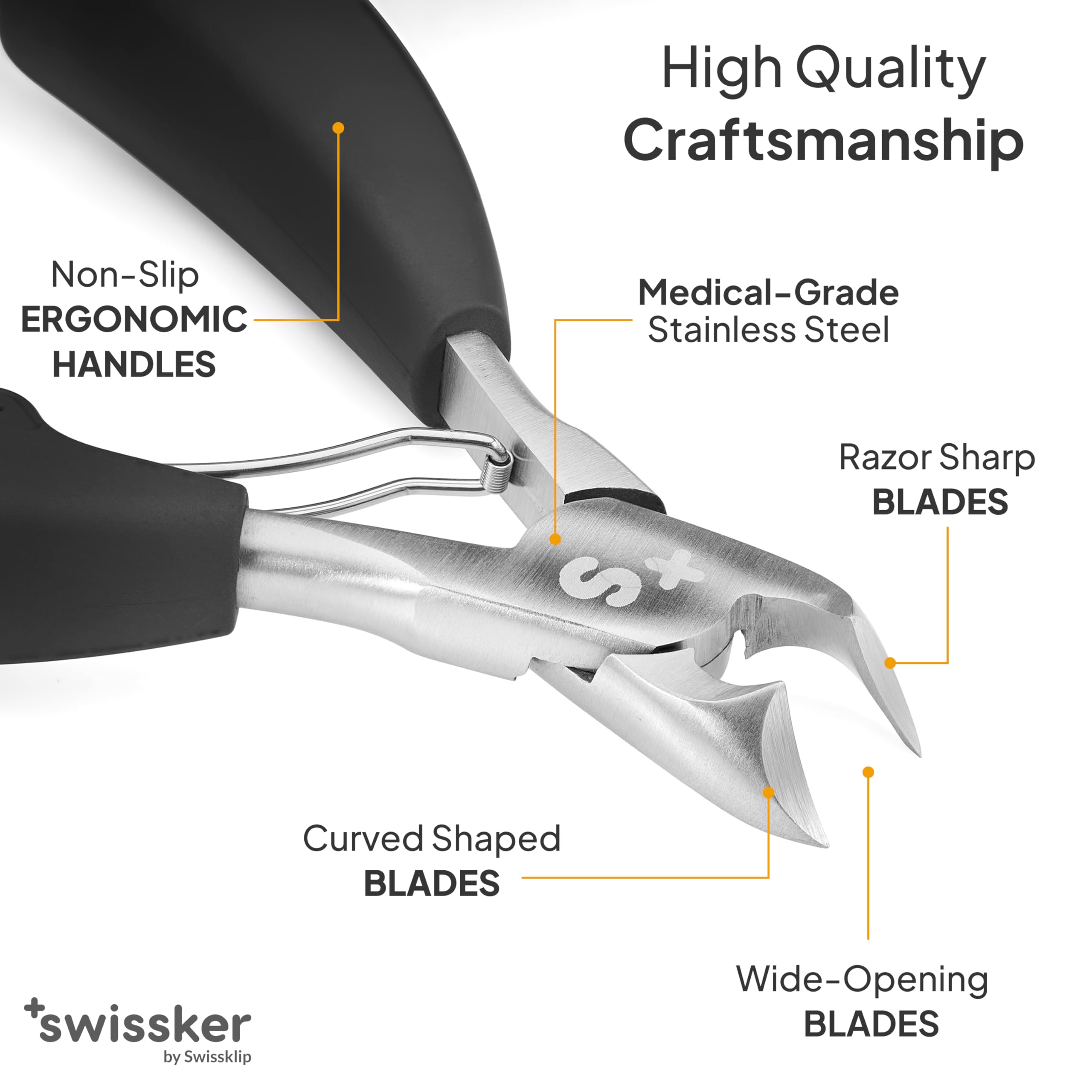 Swissker by Swissklip ergonomic handle provides comfortable grip for hard-to-reach nails.