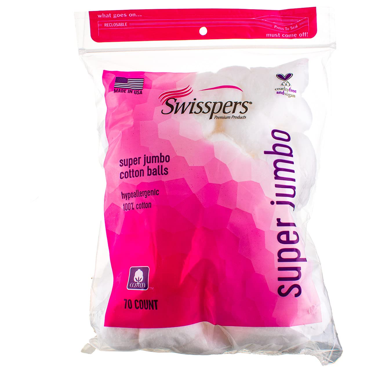 Swisspers Super Jumbo Cotton Balls close-up showing plush texture for skincare application.
