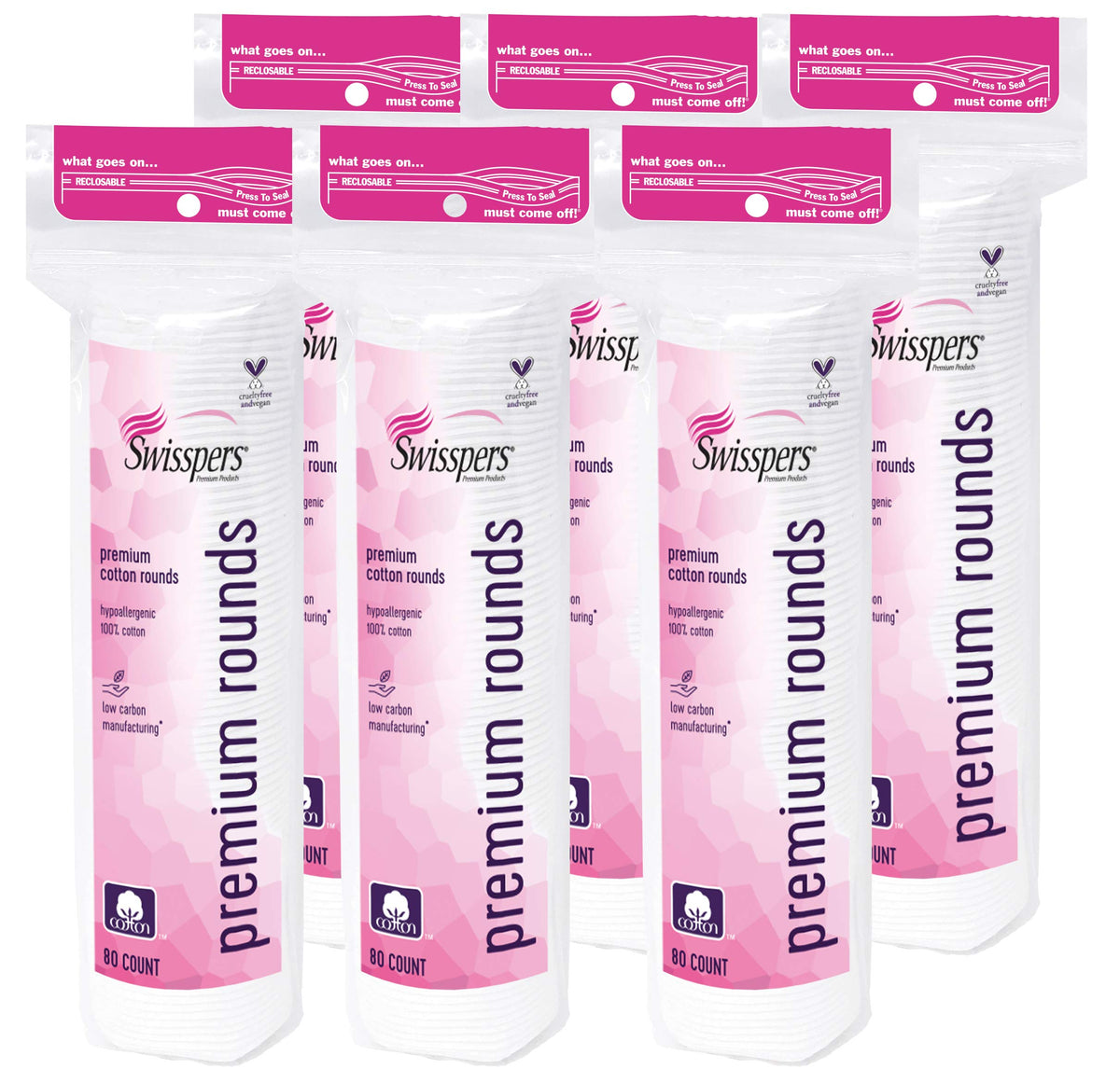Swisspers cotton rounds front-pack view for gentle cleansing.