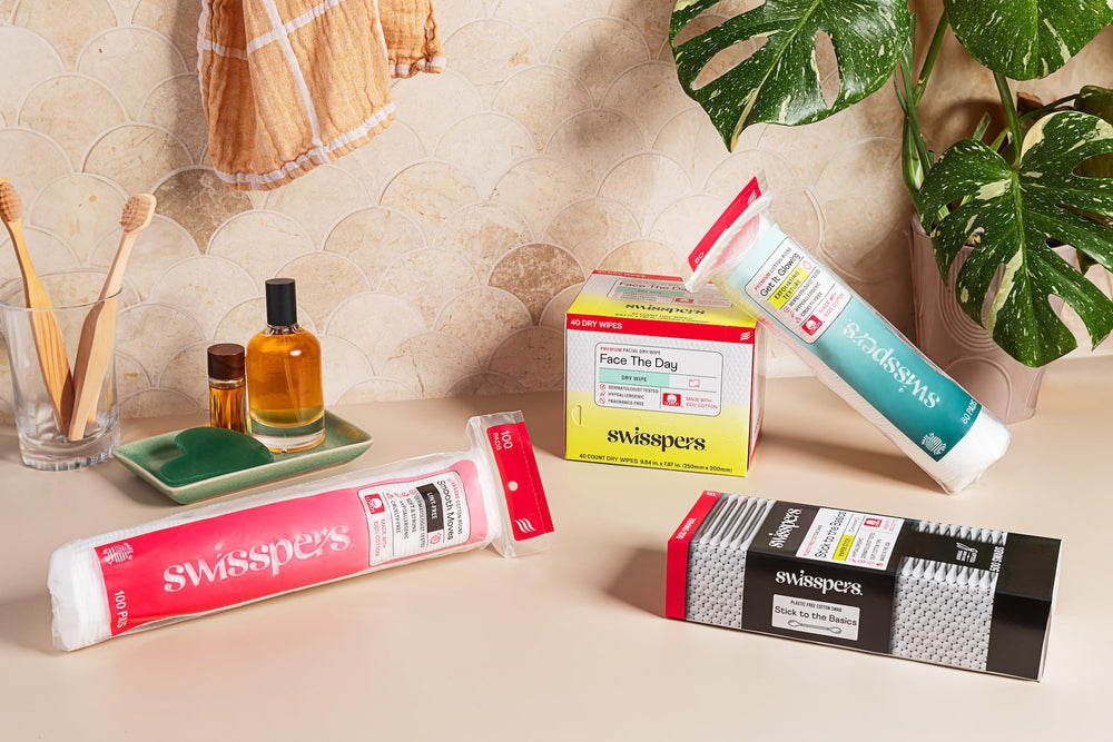 Swisspers on vanity in bathroom for daily routine convenience benefit