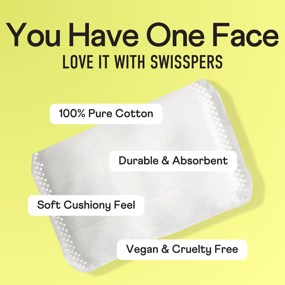 Swisspers Premium Cotton Pillows face-serum-dab demonstrates controlled, clean dabbing for skincare.