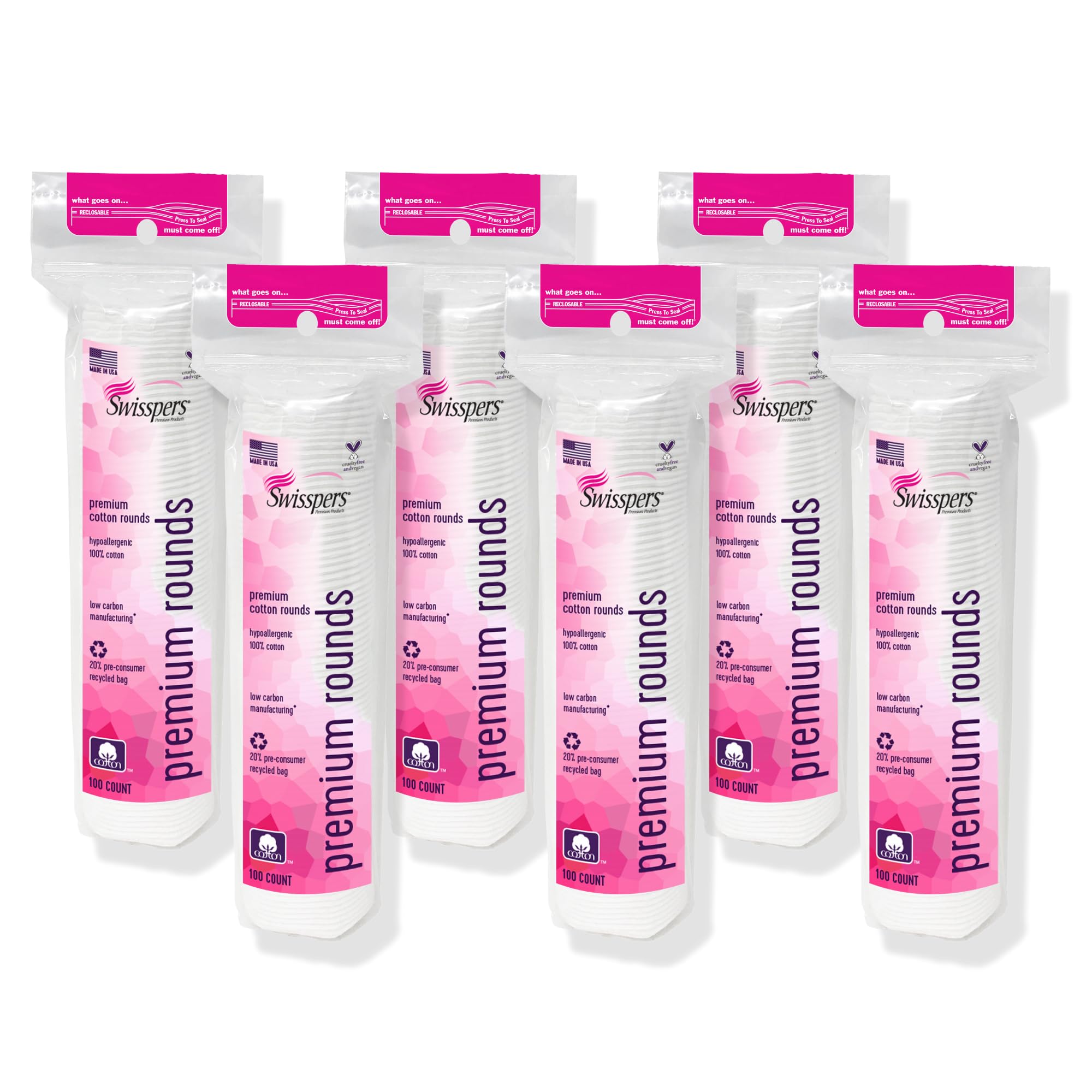Swisspers Premium Cotton Rounds six-pack shown for soft, lint-free makeup removal.