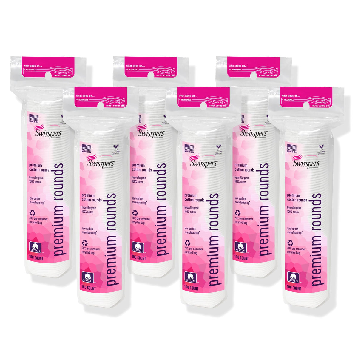 Swisspers Premium Cotton Rounds six-pack shown for soft, lint-free makeup removal.