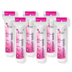 Swisspers Premium Cotton Rounds six-pack shown for soft, lint-free makeup removal.