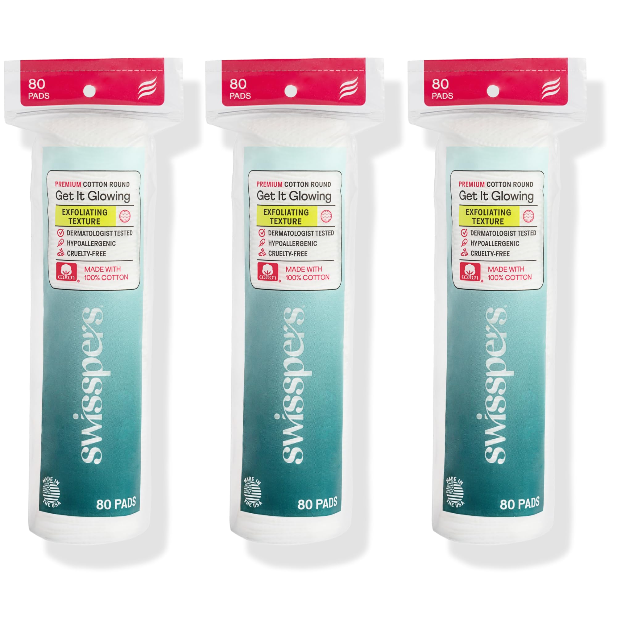 Swisspers premium exfoliating cotton rounds pack-3 ready for at-home use.