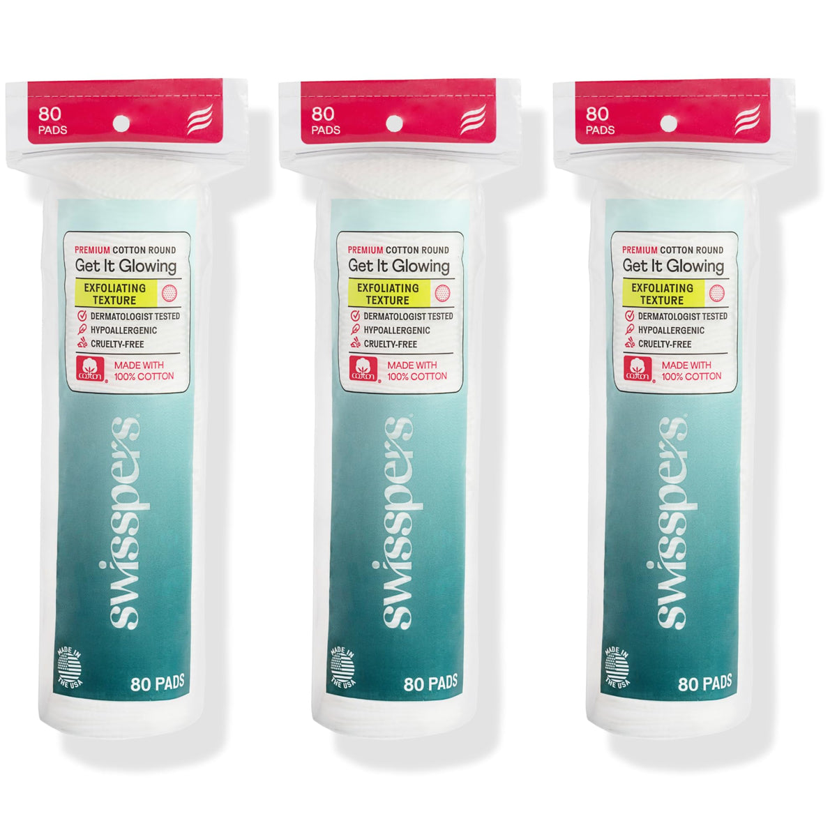 Swisspers premium exfoliating cotton rounds pack-3 ready for at-home use.