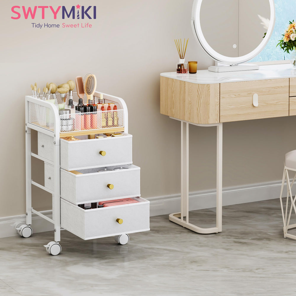 SWTYMIKI Nordic aesthetic white finish with gold-tone hardware on the cart