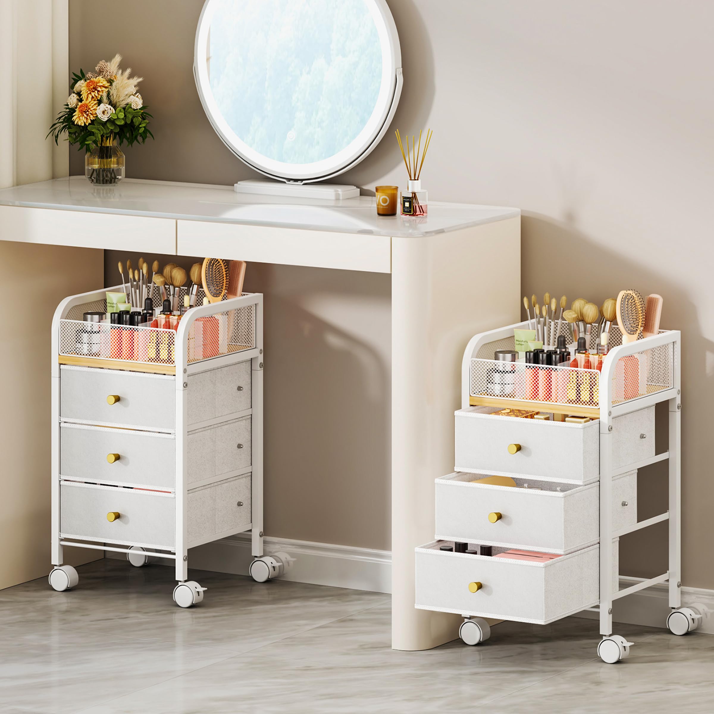 SWTYMIKI rolling makeup organizer cart top divisional display for quick cosmetics access