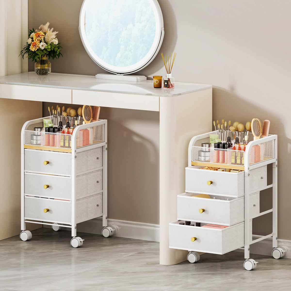 SWTYMIKI rolling makeup organizer cart top divisional display for quick cosmetics access