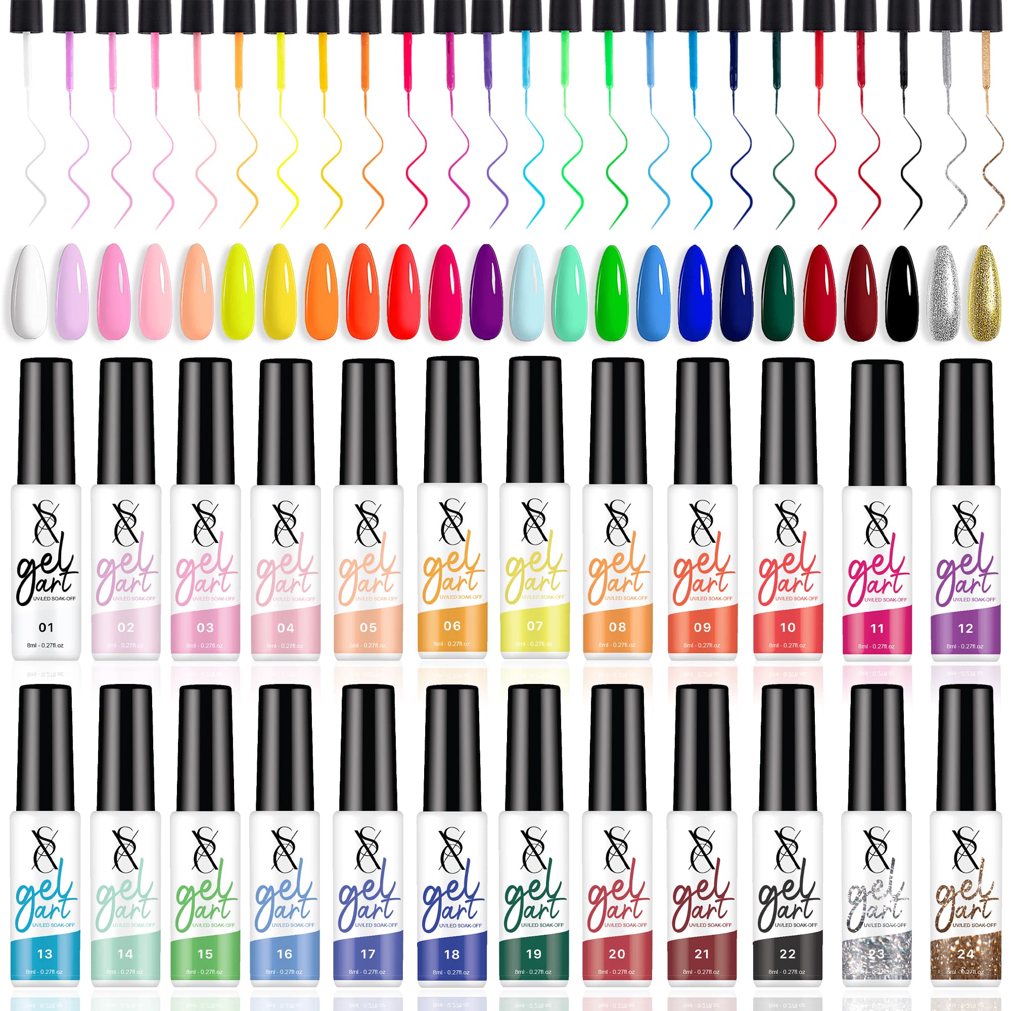 SXC 24-color gel liner bottle closeup with built-in brush for precise lines