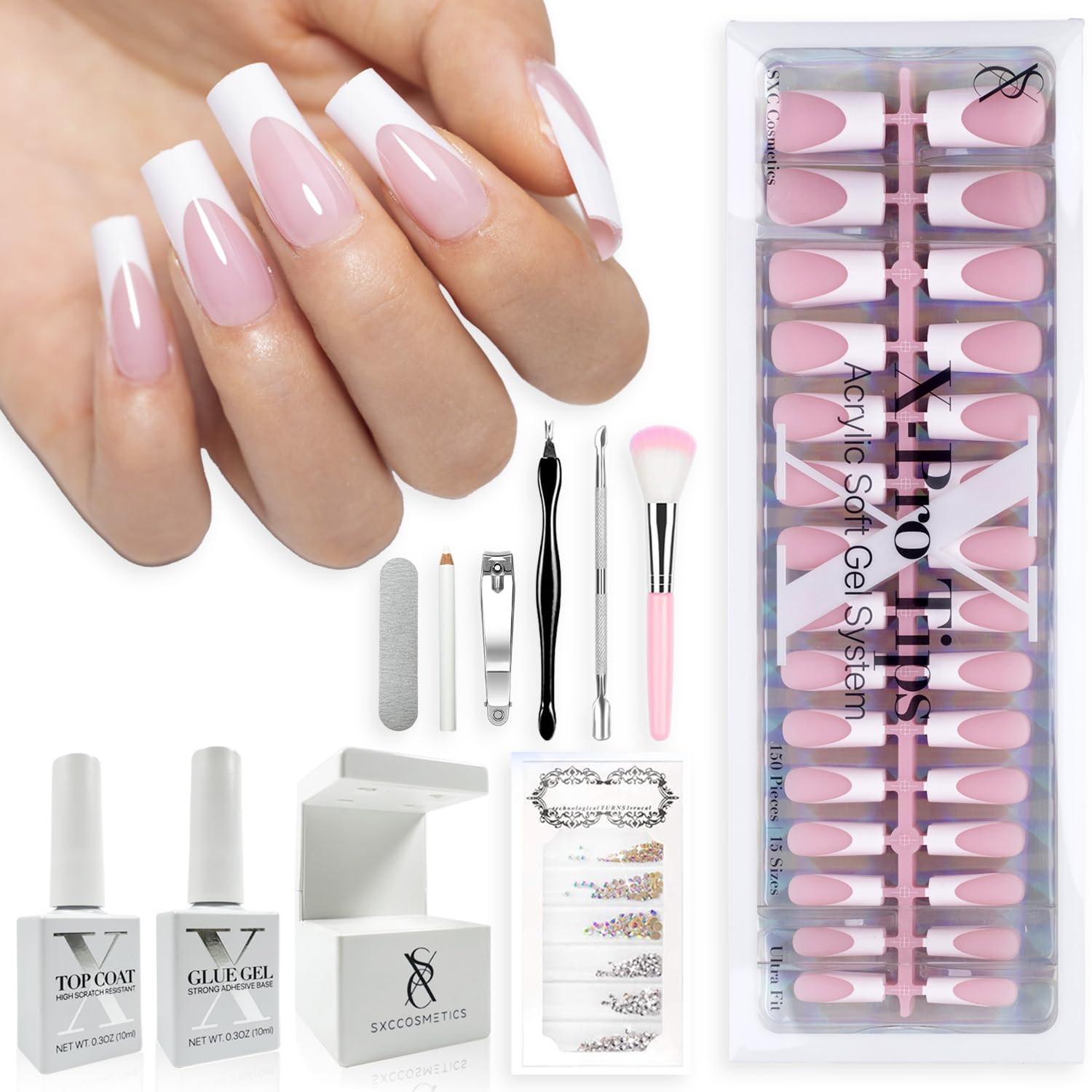 SXC Cosmetics French Tip Nails Pink Series medium square starter kit for DIY salon-style results.