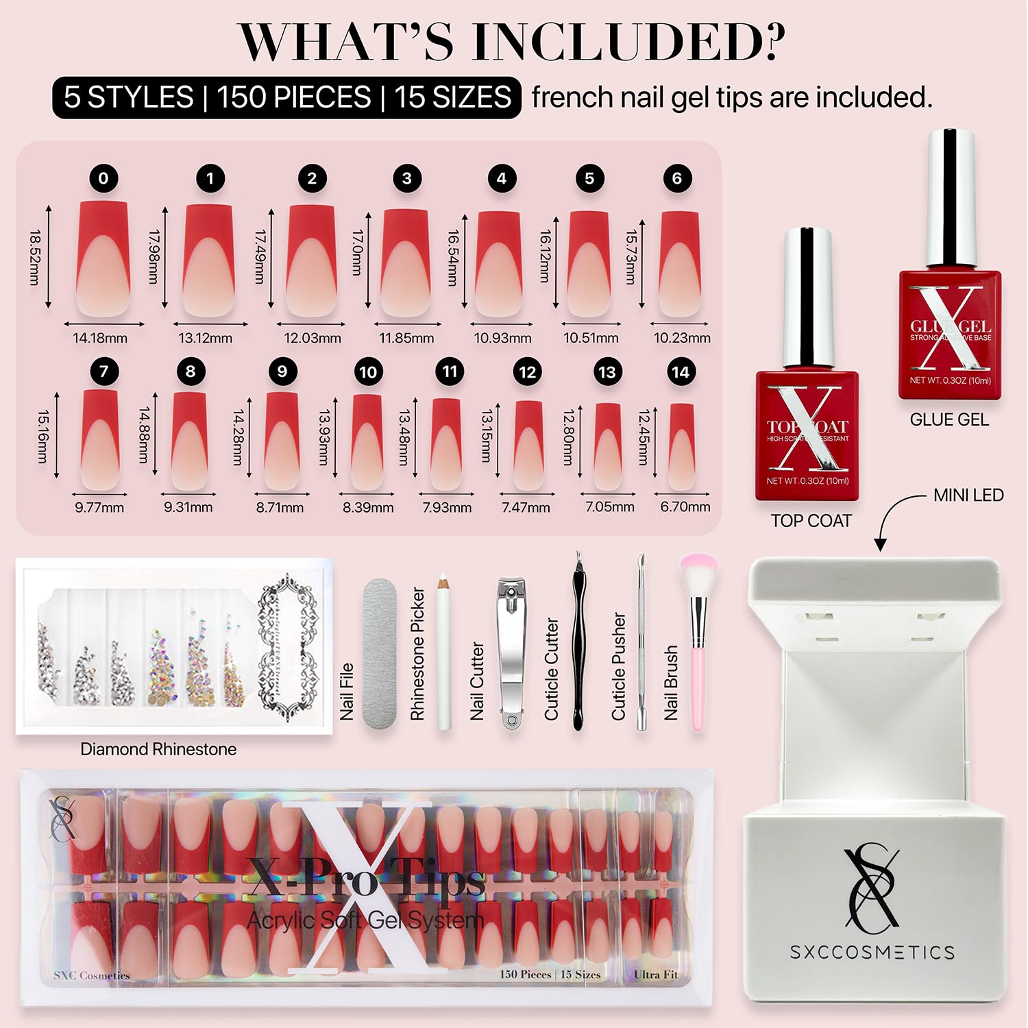 SXC French Tip Starter Kit contents showcase 150 nails and 15 sizes for versatile fit